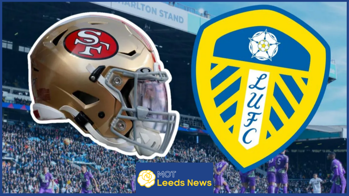 49ers helmet and Leeds United logo at Elland Road