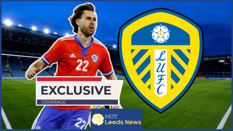 Ben Brereton Diaz at Elland Road Leeds United logo exclusive
