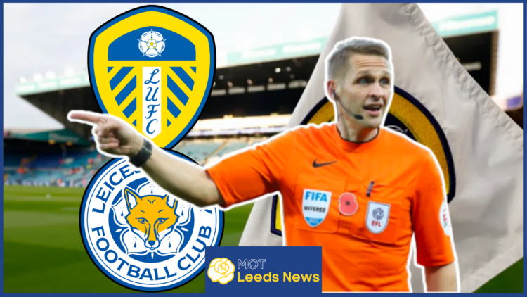 Craig Pawson at Elland Road with Leeds United and Leicester City badges