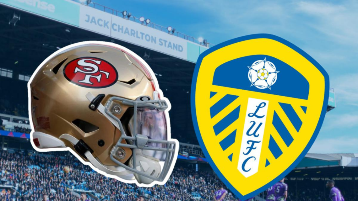 The Leeds United badge alongside 49ers helmet.