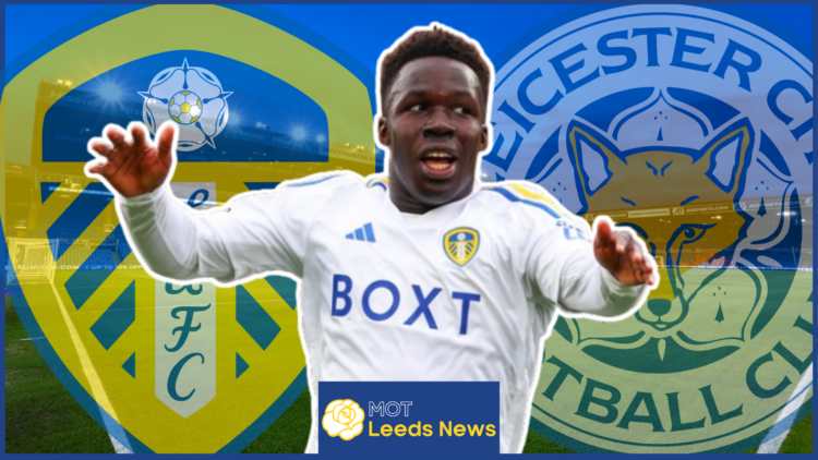 Willy Gnonto at Elland Road with Leeds United and Leicester City badges