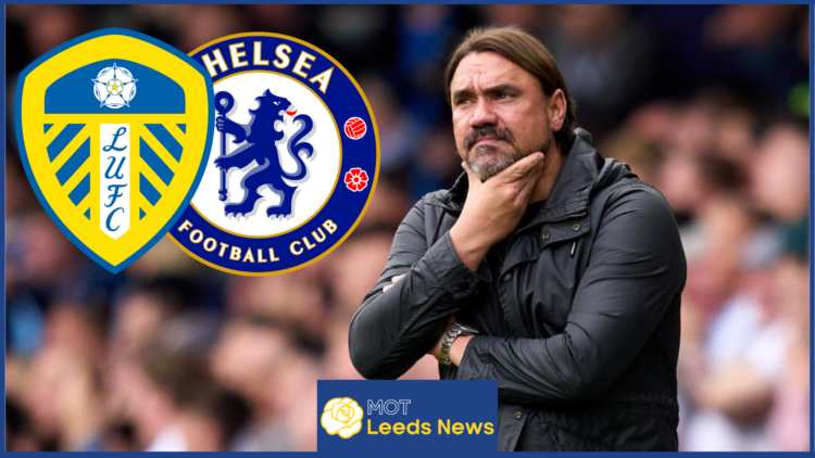 Daniel Farke with Leeds United and Chelsea badges