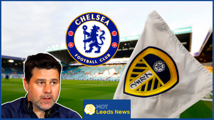 Mauricio Pochettino with Leeds United and Chelsea badges