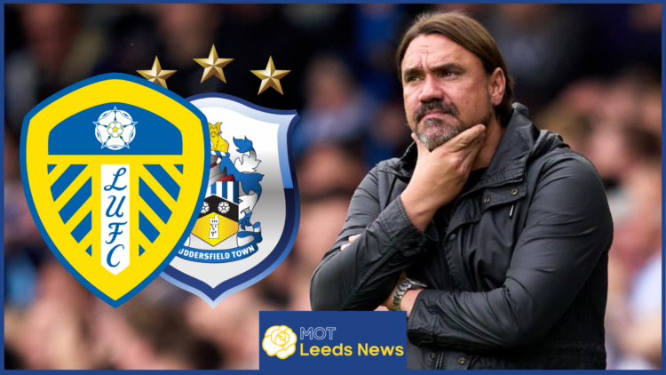 Daniel Farke with Leeds United and Huddersfield Town badges