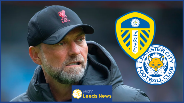 Jurgen Klopp with Leeds United and Leicester City badges
