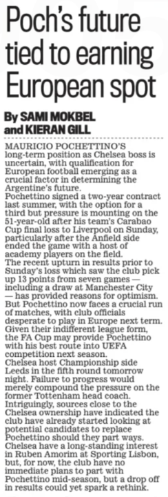 Daily Mail article detailing Mauricio Pochettino's sack verdict ahead of Leeds United clash