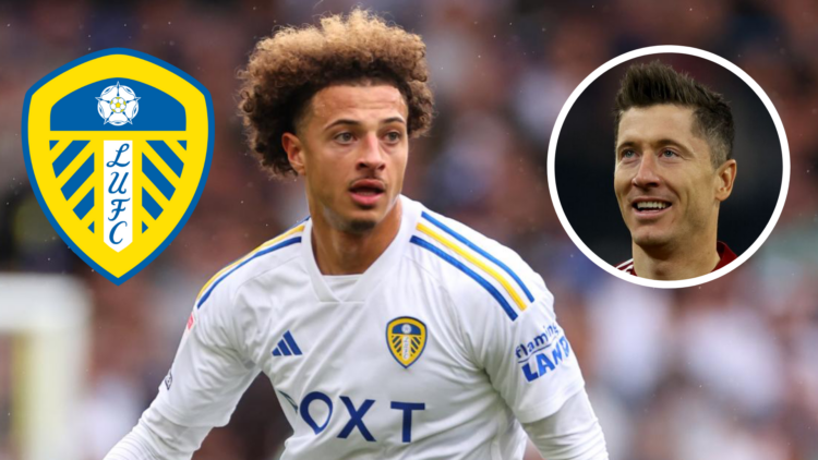 Ethan Ampadu and Robert Lewandowski with Leeds United badge