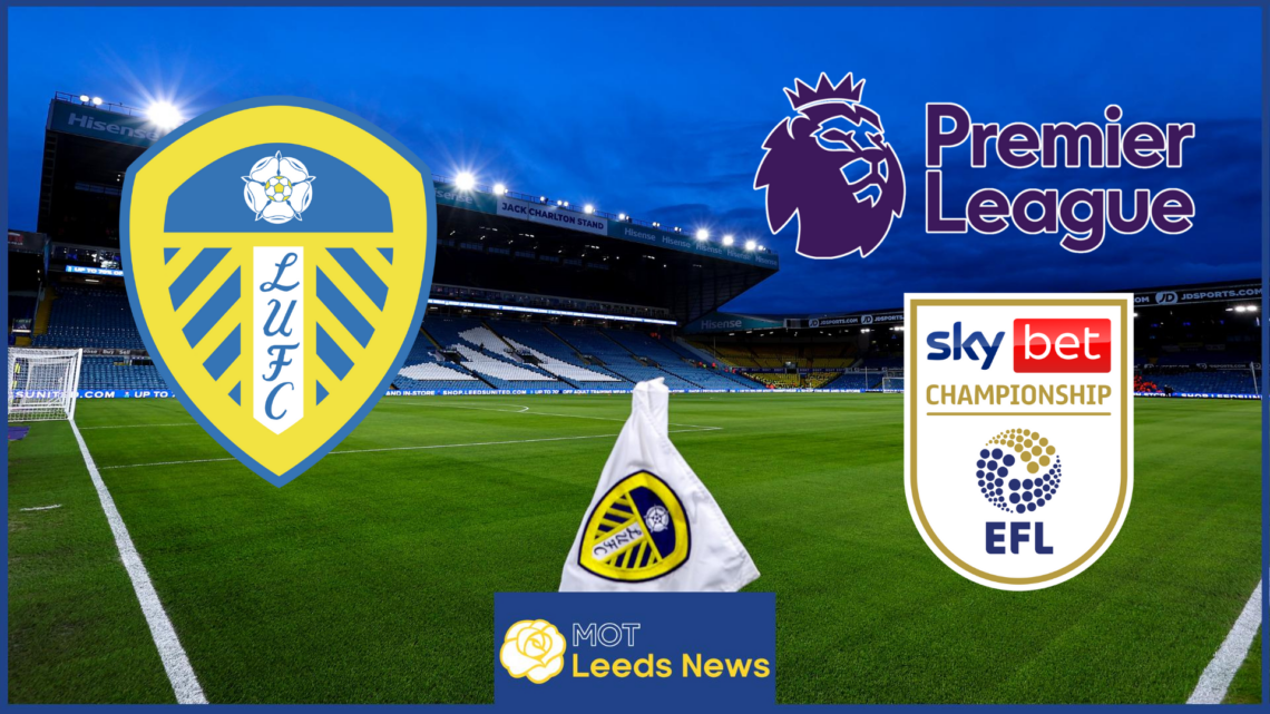 Leeds United, Championship and Premier League badges.