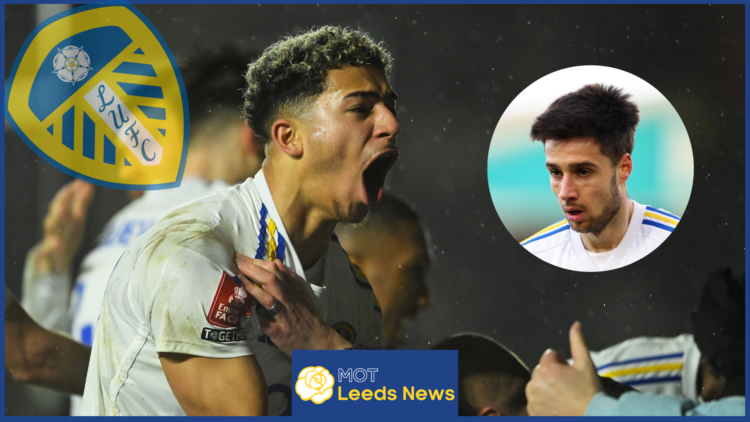 Mateo Joseph and Ilia Gruev with Leeds United badge
