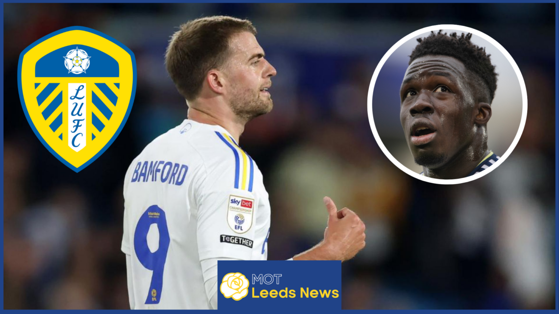 Patrick Bamford and Willy Gnonto with Leeds United badge