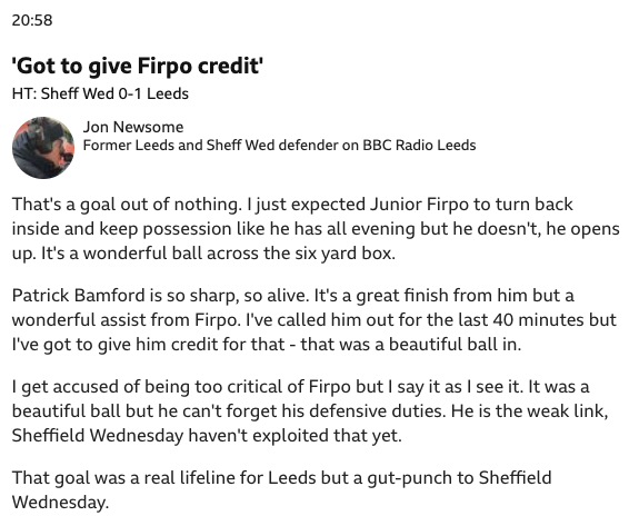 Jon Newsome BBC comments Leeds United vs Sheffield Wednesday