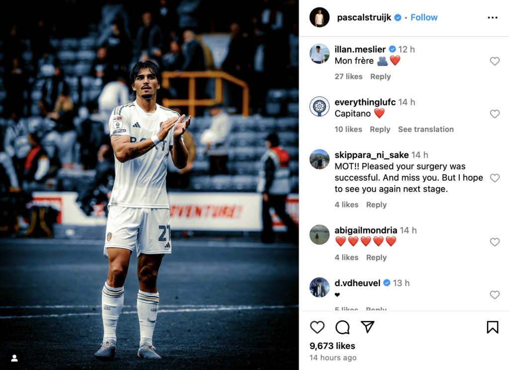 Illan Meslier messaging Leeds United teammate Pascal Struijk on Instagram