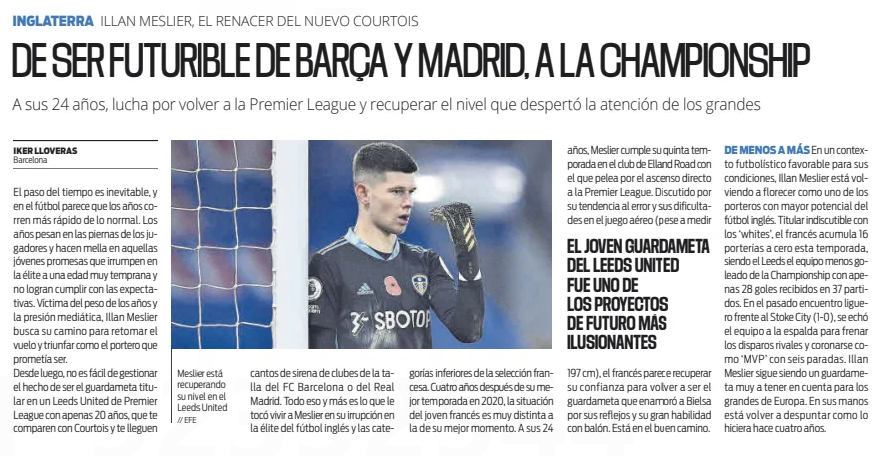 Spanish newspaper report on Leeds United keeper Illan Meslier