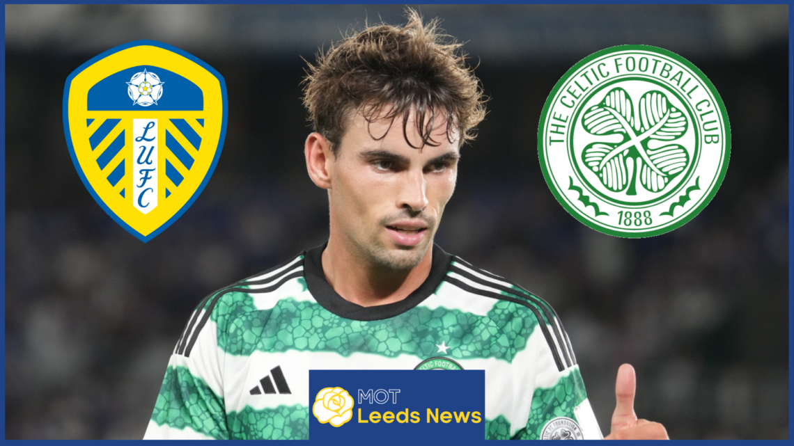 Matt O'Riley with Leeds United and Celtic badges