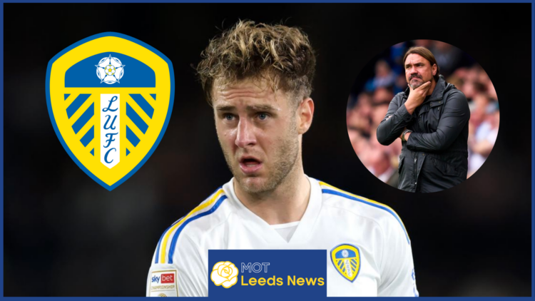 Joe Rodon and Daniel Farke with Leeds United badge