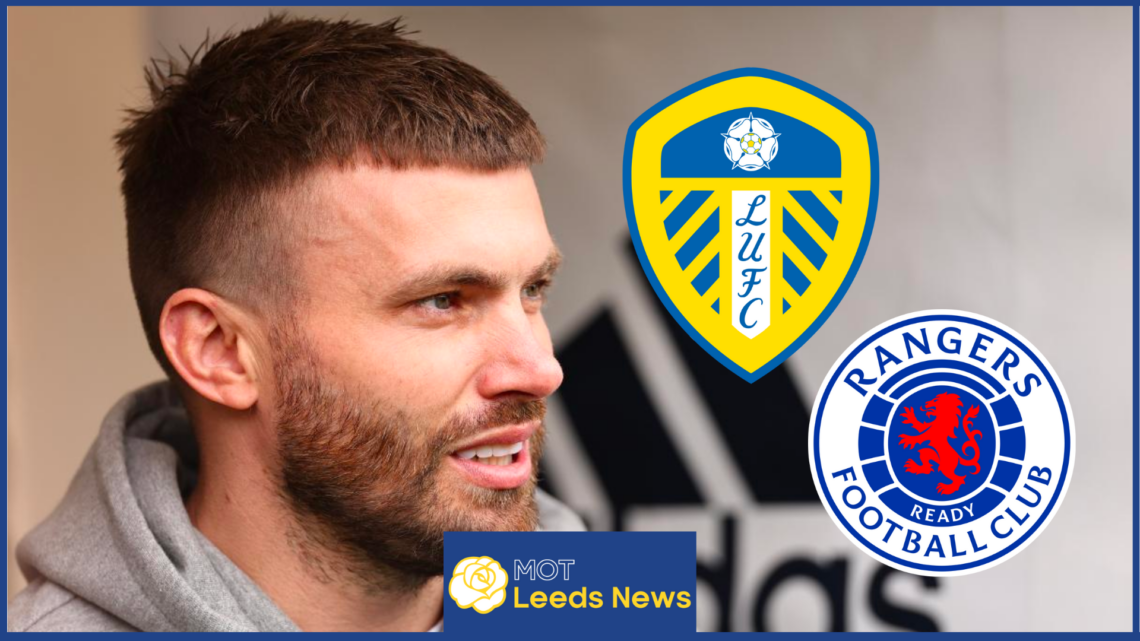Stuart Dallas with Leeds United and Rangers badges