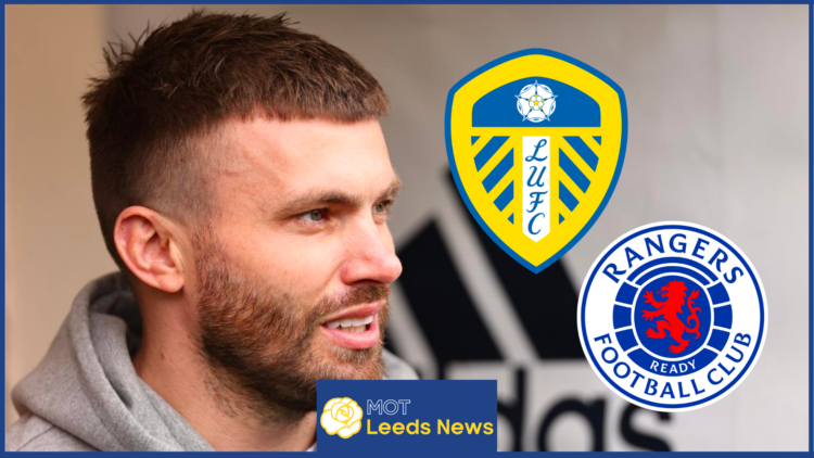 Stuart Dallas with Leeds United and Rangers badges