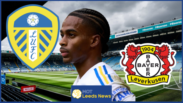 Leeds United, Bayer Leverkusen crests, Crysencio Summerville