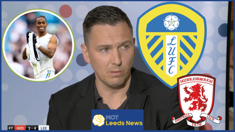 Stewart Downing, Crysencio Summerville, Leeds United and Middlesbrough crests