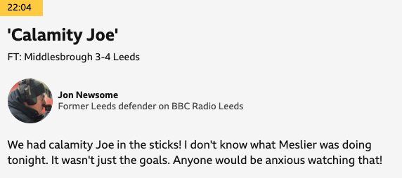 Jon Newsome on Illan Meslier Leeds United vs Middlesbrough