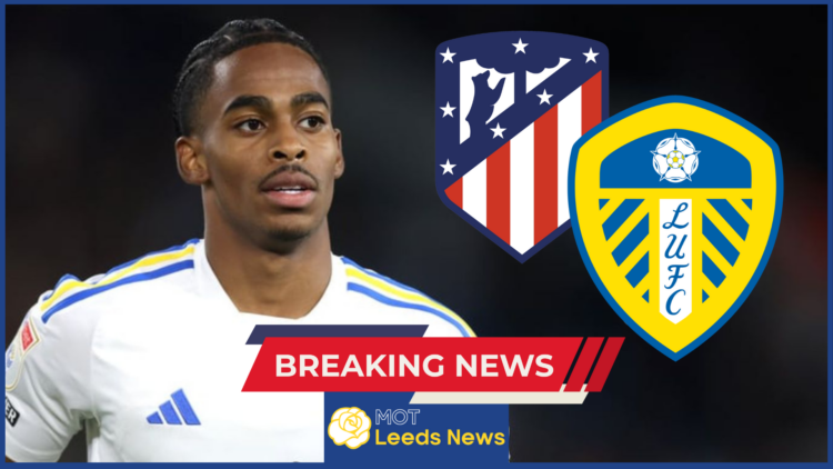 Atletico Madrid badge, Leeds United badge, Crysencio Summerville