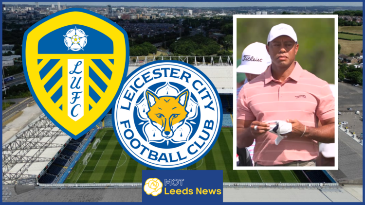 Leeds United badge, Leicester City badge, Tiger Woods