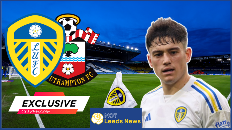 Dan James, Leeds United badge, Southampton badge, Elland Road