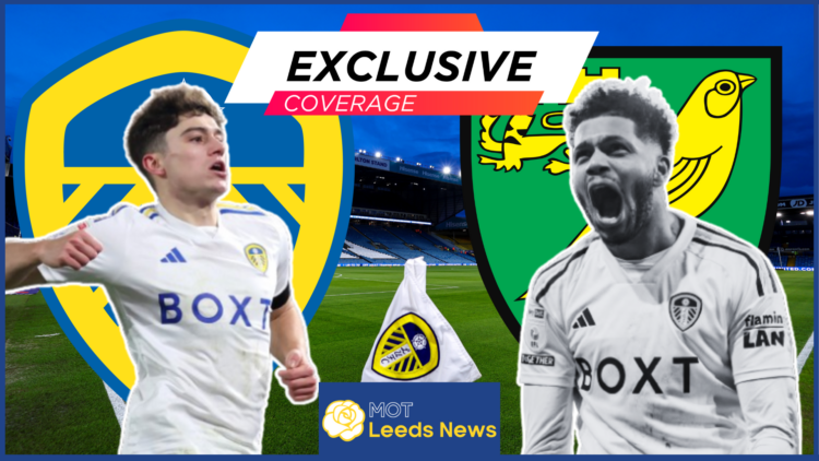 Georginio Rutter, Dan James, Leeds United badge, Norwich City badge