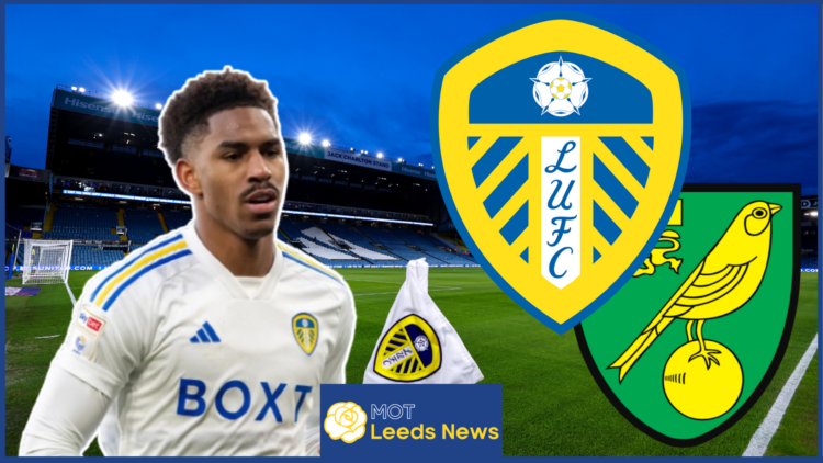 Junior Firpo, Leeds United badge, Norwich City badge, Elland Road