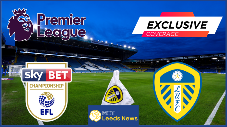 Leeds United badge, Premier League logo, EFL Championship logo, Elland Road