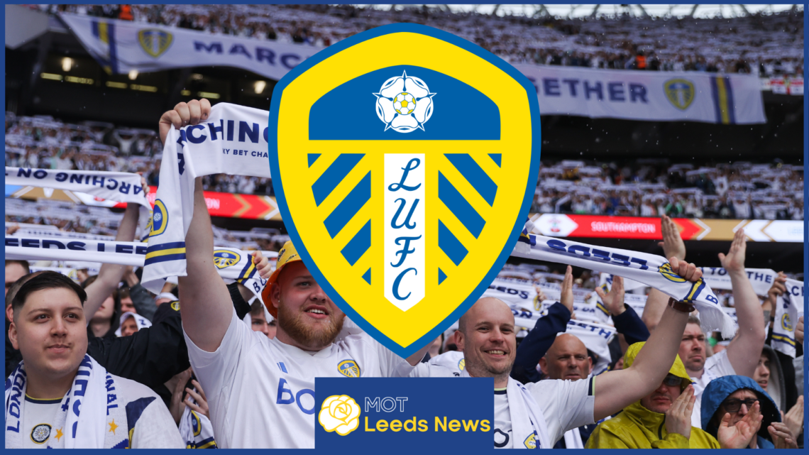 Leeds United fans at Wembley and badge