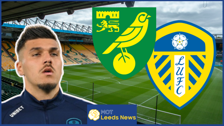 Joel Piroe, Leeds United badge, Norwich City badge