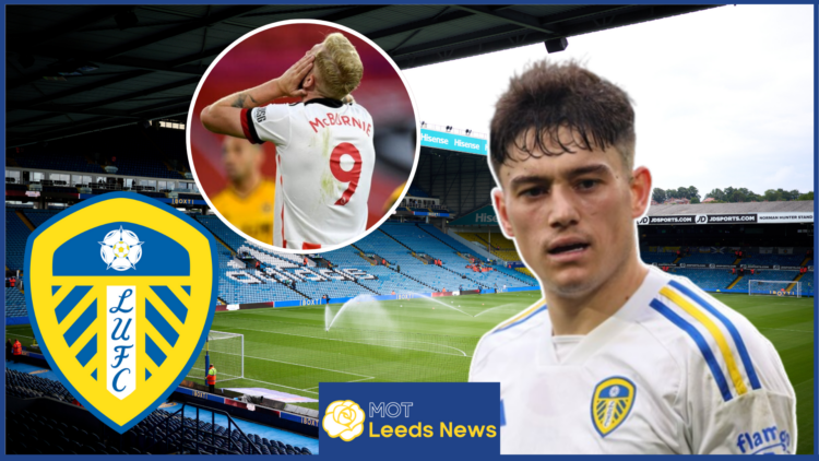 Dan James, Oli McBurnie, Leeds United badge