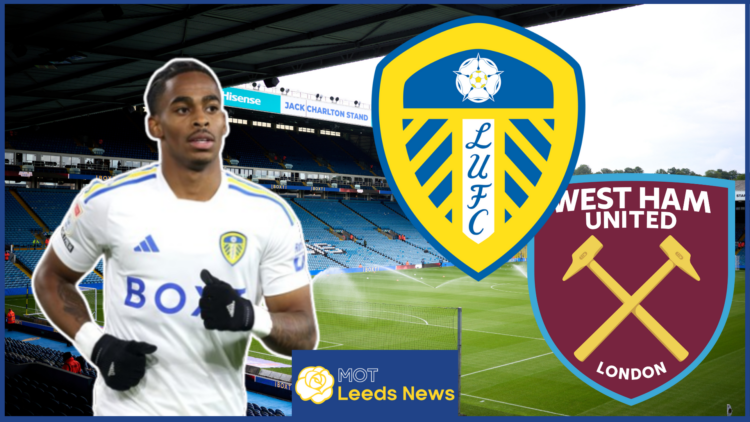 Crysencio Summerville, Leeds United badge, West Ham badge