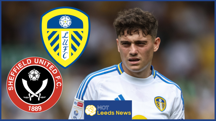 Dan James, Leeds United badge, Sheffield United badge