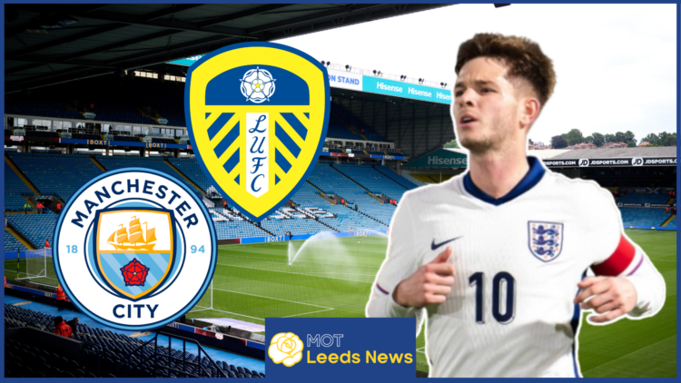 James McAtee, Leeds United badge, Manchester City badge