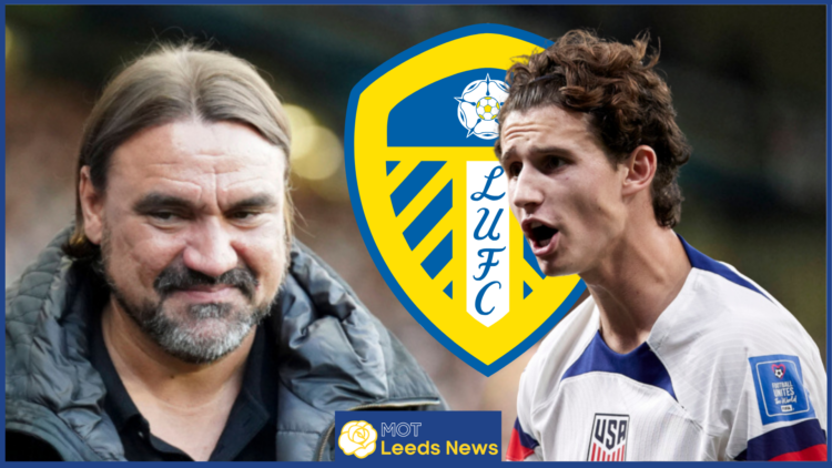 Leeds United badge, Daniel Farke, Brenden Aaronson