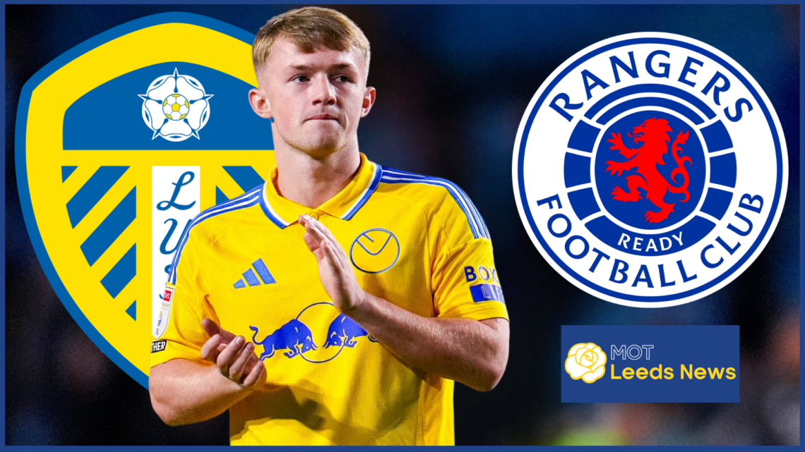Leeds United badge, Rangers badge, Joe Gelhardt