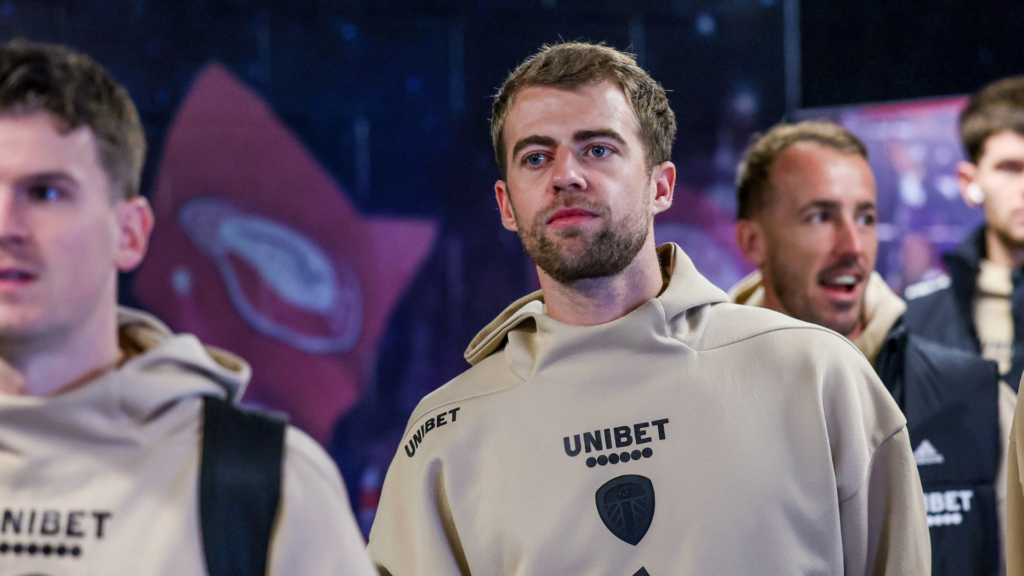 Patrick Bamford in a hoodie arriving with the Leeds team prior to kick-off.