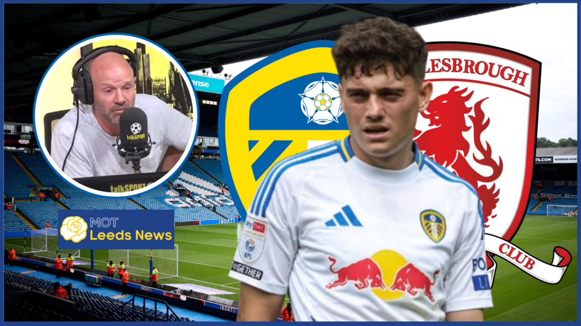 Dan James, Danny Mills in inset, Leeds United badge, Middlesbrough badge
