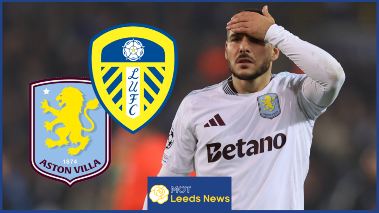 Emi Buendia, Leeds United badge, Aston Villa badge