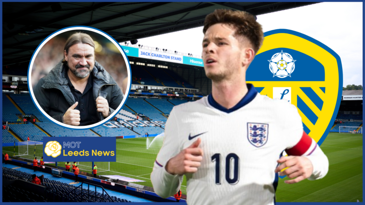James McAtee, Daniel Farke in inset, Leeds United badge, Elland Road