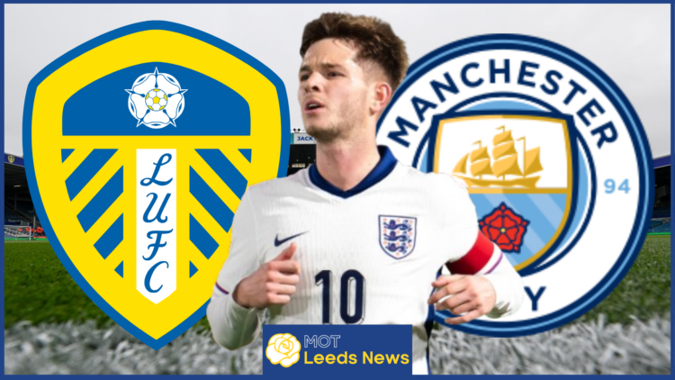 James McAtee, Leeds United badge, Manchester City badge