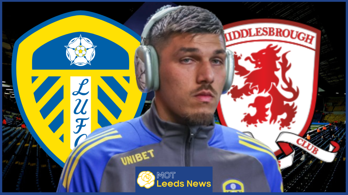 Joel Piroe, Leeds United badge, Middlesbrough badge