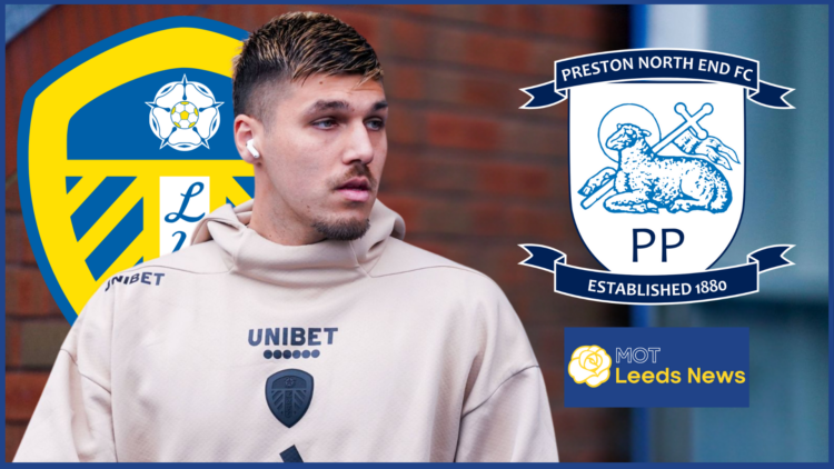Leeds United badge, Preston badge, Joel Piroe