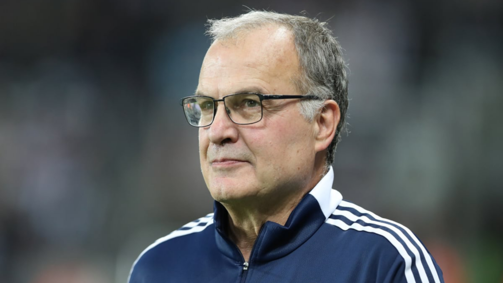 Marcelo Bielsa smiles in Leeds United training gear.