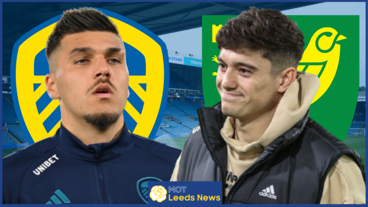 Joel Piroe, Dan James, Leeds United badge, Norwich City badge