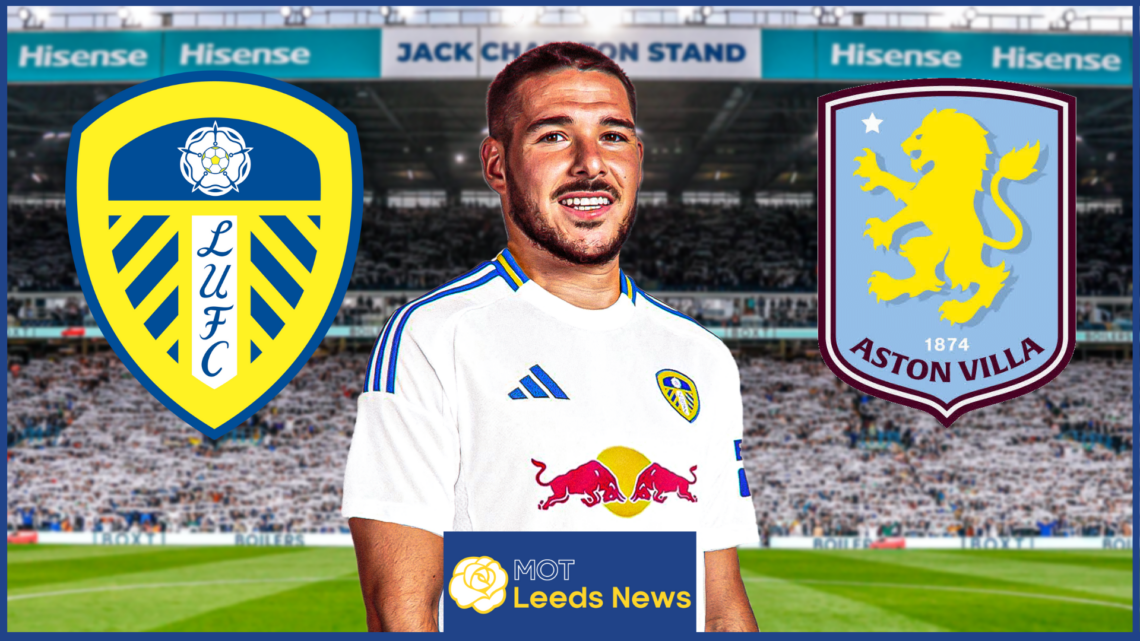 Emi Buendia, Leeds United badge, Aston Villa badge