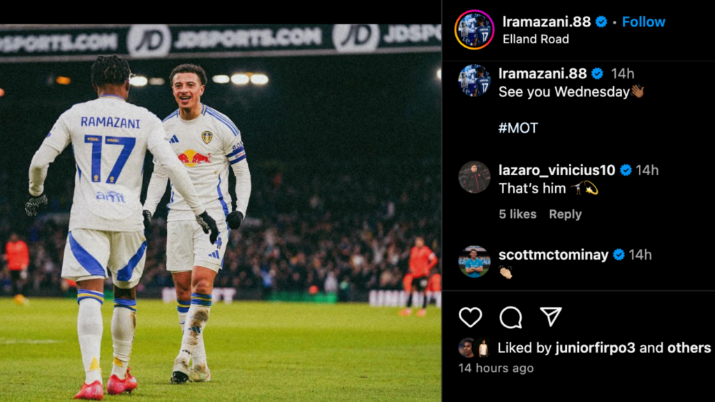 Largie Ramazani Instagram post after Sheffield Wednesday win