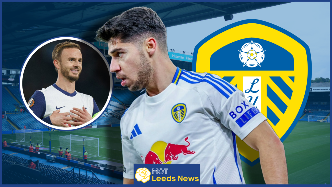 Manor Solomon, James Maddison in inset, Leeds United badge